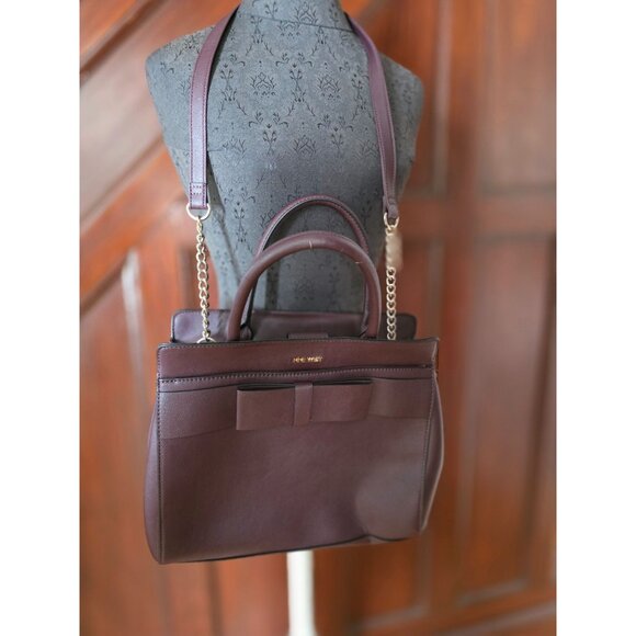 Nine West Mireya Satchel Burgundy Handbag With Bow Detail & Chain Strap - Picture 2 of 11
